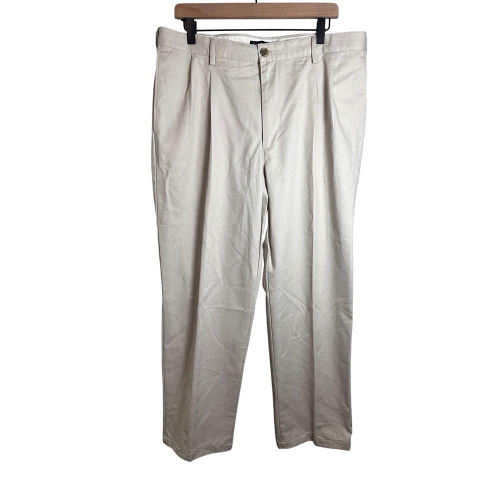 Lands End Mens 36 Traditional Fit Pleated Chino Pants Khaki Cotton Trousers